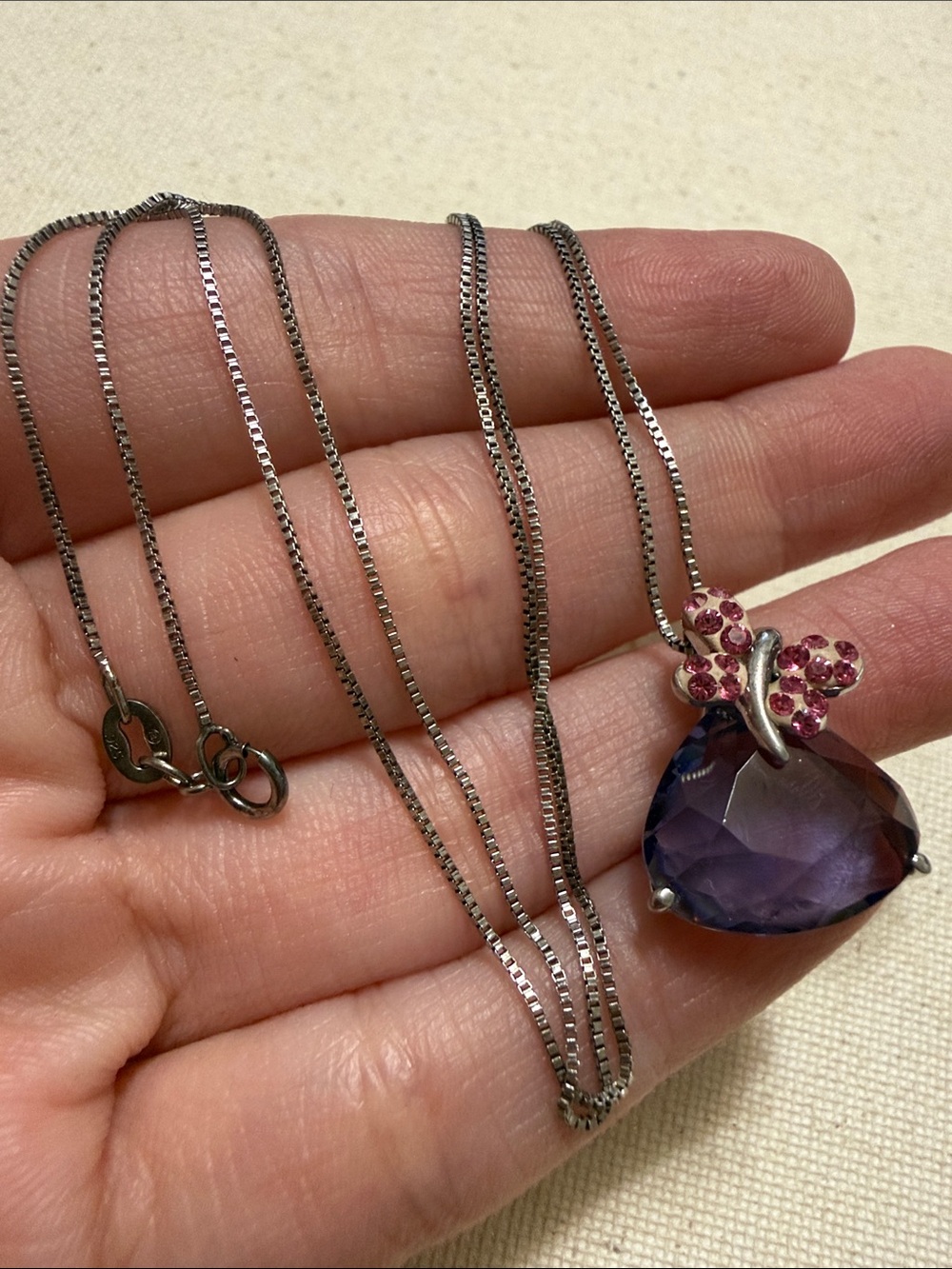 Stunning Sterling Silver 925 Purple Heart Pendant Necklace w/Pink Accent Stone